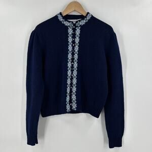 Vintage Braemar Scottish Shetland Wool Cardigan Womens L Navy Knit Heritage 80s